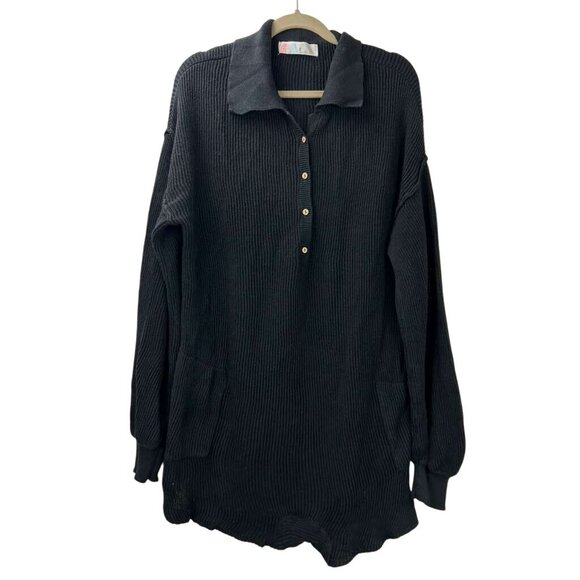 FP Beach Women's M Ribbed Black Knit Sweater Button-Up Long Sleeve Romper - Picture 7 of 13